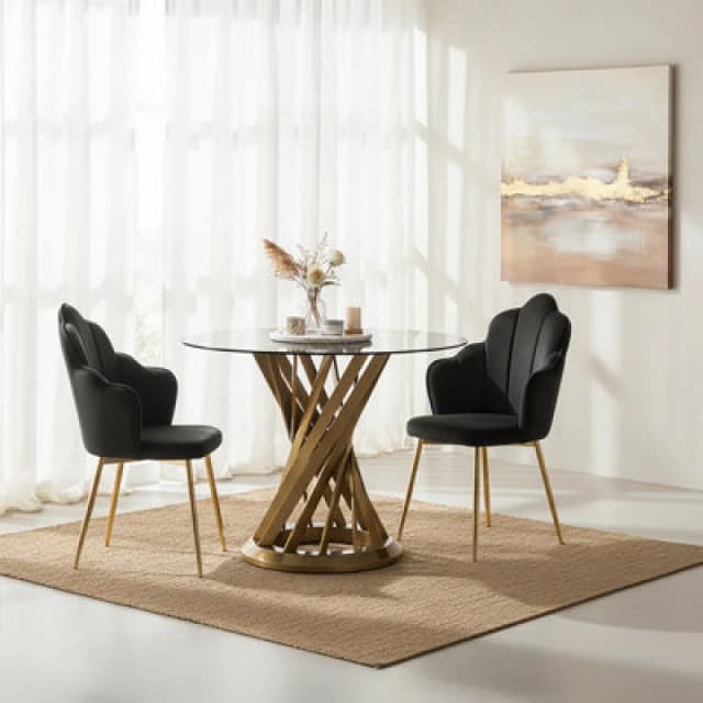Premier Housewares Black Glass and Gold Hourglass Base Dining Table, Modern Black and Gold Round Dining Table for Modern Homes Black