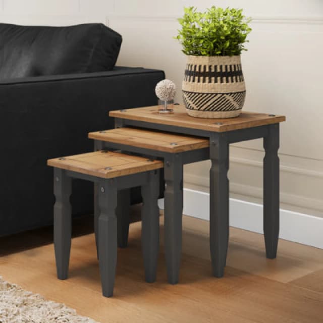 Mercers Furniture Corona Charcoal Piccolo Nest Of 3 Tables Solid Pine With Mexican Styling, Grey CHARC77