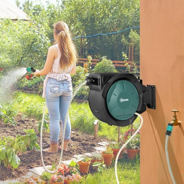 OUTSUNNY Retractable Hose Reel Wall Mounted with Lock, Black Unisex