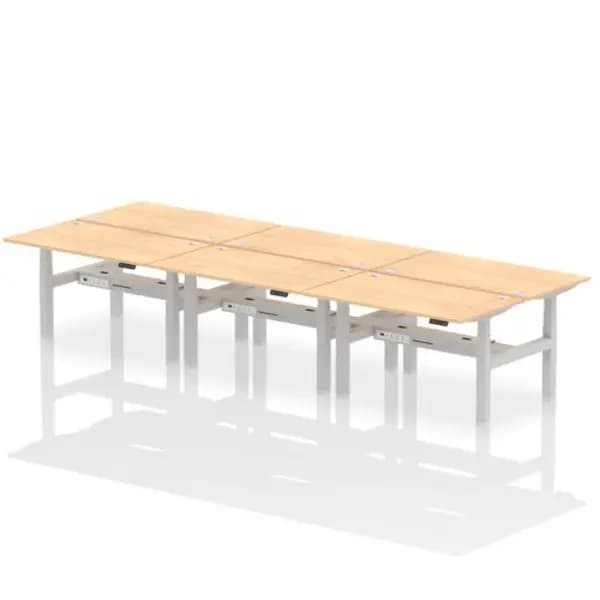 Air Air Back-to-Back 1400 x 800mm Height Adjustable 6 Person Bench Desk Maple Top with Cable Ports Silver Frame HASCP6P14800MPES
