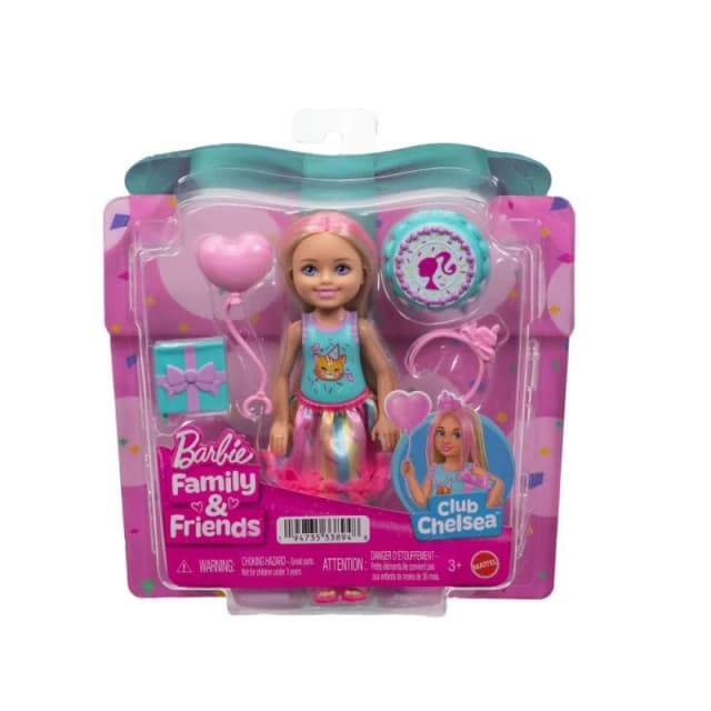Barbie Club Chelsea 6" Birthday-Themed Small Doll with Pink-Streaked Blonde Hair Colorful Dress & 4 Party Accessories JJB37