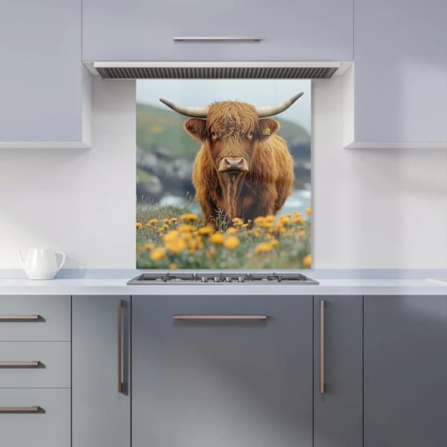 Warren Reed - Designer Highland Cow By The Coast Kitchen Splashback in Brown Size: 600mm x 650mm Brown Unisex 600mm x 650mm