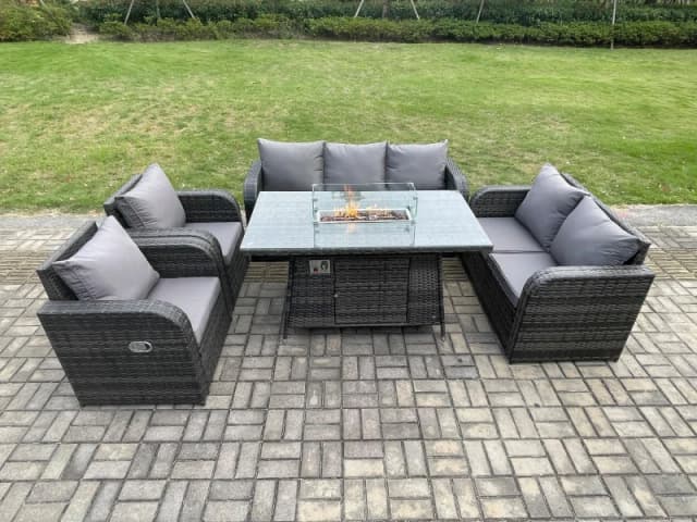 Fimous Garden Patio Furniture Wicker Rattan Gas Fire Pit Table and Sofa Chair set Dark Grey Mixed Dark Grey