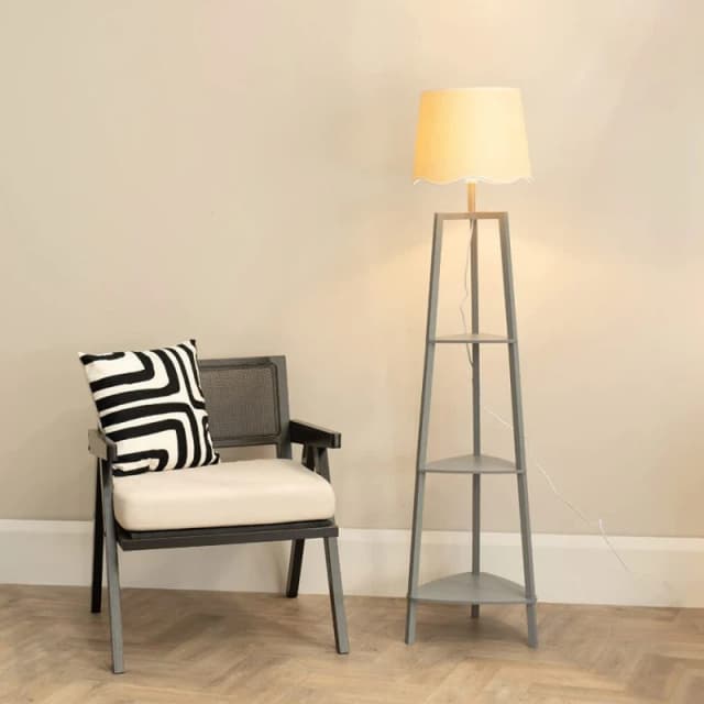 ValueLights Hiru Grey 3 Tier Shelved Wooden Floor with Linen Trim Scallop Taper Shade & Bulb Grey