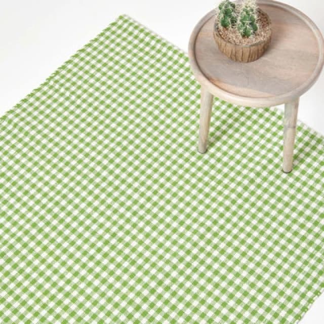 Homescapes Cotton Gingham Check Rug Hand Woven Green White, 60 X 90 Cm
