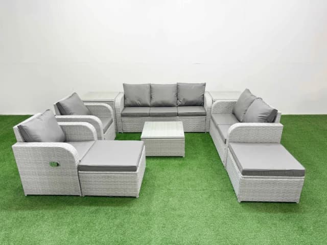 Fimous PE Rattan Garden Furniture Set Adjustable Chair Sofa Double Love Seat 2 Seater Sofa Lounge Set Square Coffee Table 2 Big Footstool 2 Side Table