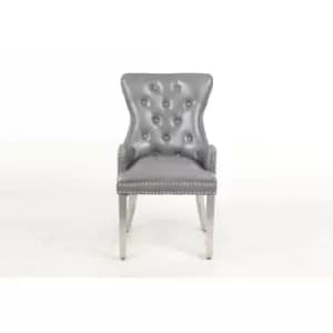 2 x Rebecca Leather Aire Dining Side Chairs Button Tufted in Grey with Chrome Nail heads, Legs and Chrome Knocker on the back, Modern Transitional