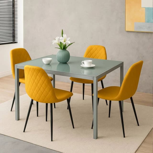 Kosy Koala Modern Grey Glass Dining Table Set With 4 Mustard Gem Pattern Chairs Dining Room Furniture