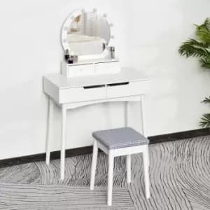 Two Piece Dressing Table Set With Mirror And Stool 10 LED Bulbs White