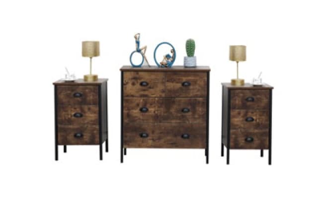 Furniturehmd Rustic Brown Set Of 2 Side Table Bedside Table With 3 Drawer Storage Floor Cabinet Vintage Sideboard Cupboard Storage