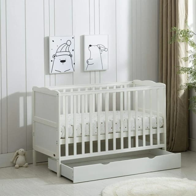 MCC Direct Wooden Baby Cot Bed with Drawer and mattress Orlando White