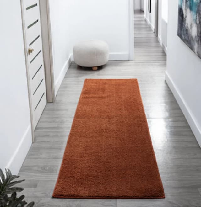 Comfy Washable Low Pile Living Room Area Rug - Anti Slip Felt Backing Terracotta 60Cm X 200Cm