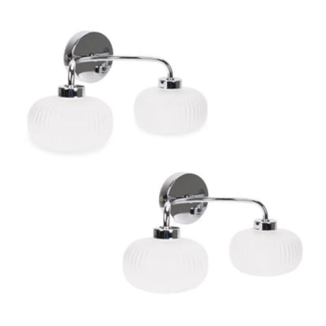 ValueLights Amaia Pair of Polished Chrome IP44 Rated 2 Way Frosted Ribbed Glass Wall Lights Silver