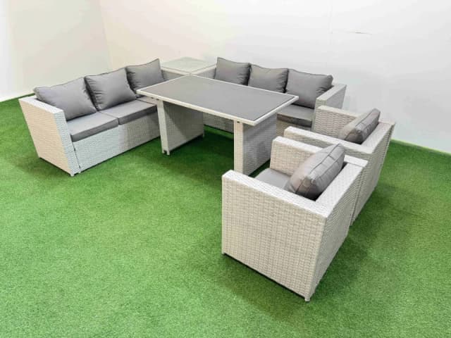 Fimous 8 Seater Outdoor Dining Table 3 Seater Sofa Set with Side Table in Light Grey Light Grey Unisex