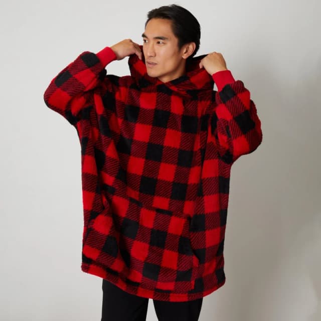 Threadbare 'Sleigh' Borg Oversized Check Loungewear Hoodie Red
