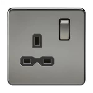 KnightsBridge 1G DP 13A 230V Screwless Black Nickel UK 3 Pin Switched Electrical Wall Socket - Black Insert