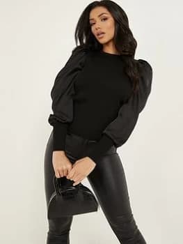 Quiz Black Knitted Satin Puff Sleeves Jumper - S