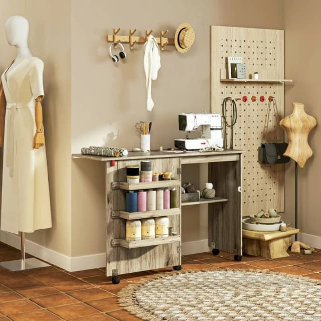 HOMCOM Folding Sewing Table Rolling Craft Table with Drop Leaf Wheels Grey Grey