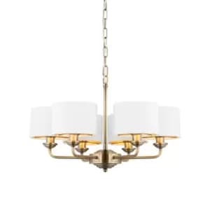 Highclere Multi Arm Shade Pendant Ceiling Lamp, Antique Brass Plate, Vintage White Fabric