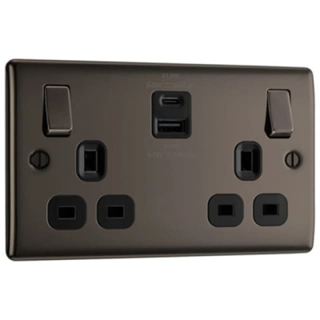 Bg Black Nickel Double 13A 22W Raised Slim Switched Screwed Socket With Usb, X2 & Black Inserts