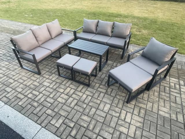 Fimous Aluminium 7 Pieces Garden Furniture Set with Cushions 10 Seater Outdoor Patio Lounge Sofa Set with Armchair 3 Footstools in Dark Grey Dark Grey