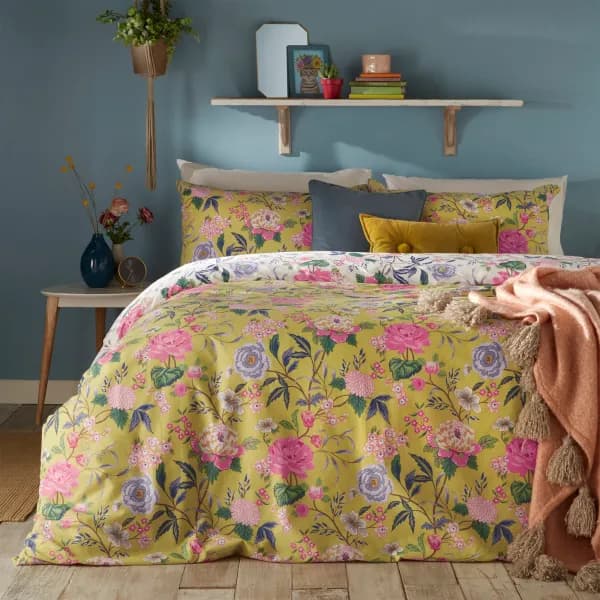 furn. Azalea Bamboo Floral Reversible Duvet Cover and Pillowcase Set Yellow