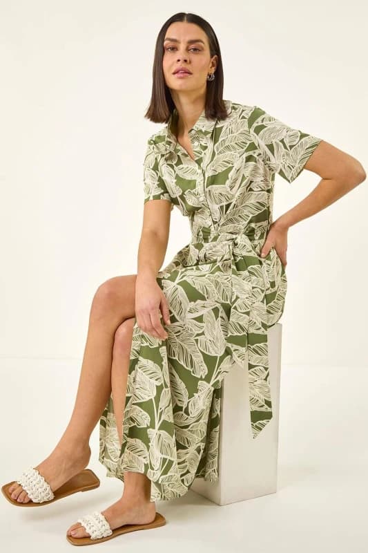 Roman Womens Leaf Print Belted Shirt Dress in Green Size: 16 Green Female 16