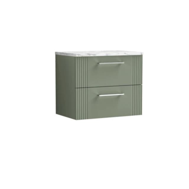 Nuie Deco Wall Hung 2-Drawer Vanity Unit & Bellato Grey Laminate Worktop, Counter Top Vanity Unit In Satin Green, 600mm