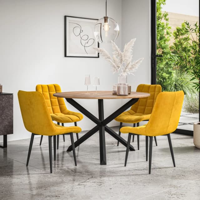 More4Homes Malvern Round Dining Table And Chairs - Oak Table Top W Solid Black Oak Legs + Nova Velvet Dining Chair Set Of 4 (Mustard)
