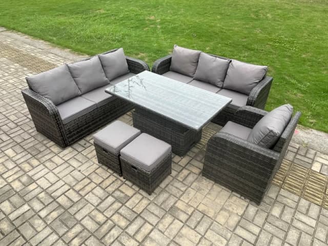 Fimous Outdoor Rattan Garden Furniture Sets Height Adjustable Rising lifting Dining Table Sofa Set with Reclining Chair 2 Small Footstool Dark Grey