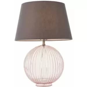 Table Lamp Dusky Pink Ribbed Glass & Charcoal Grey Cotton 40W E27 GLS