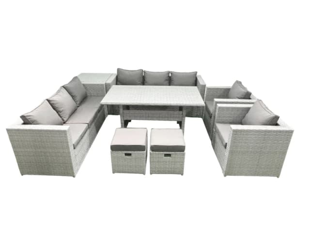 Fimous Rattan Garden Furniture Set Outdoor 8 Seater Patio Dinin g Sofa Sets with Dining Table 2 Chairs Side Table 2 Small Footstools Light Grey Mixed
