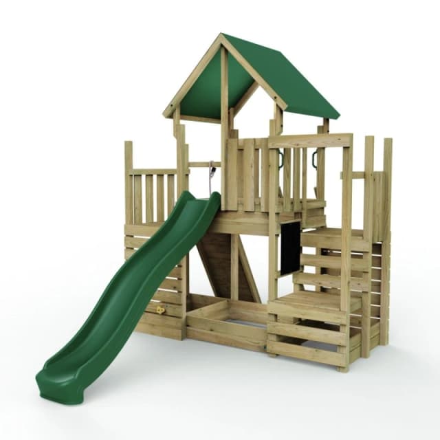 Rebo Wooden Climbing Frame with Play Tower, Climbing Wall and Slide - M21 Ramp Brown