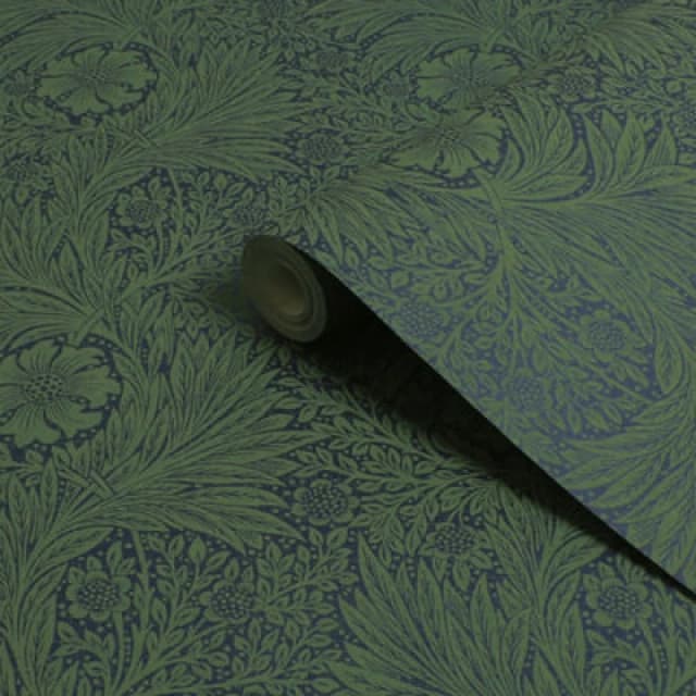 William Morris Gallery Collection Fibrous Green Marigold Metallic Effect Smooth Wallpaper