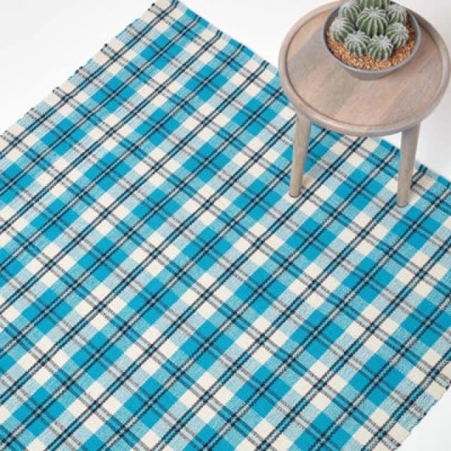 Homescapes Irvine Handwoven Blue Tartan 100% Cotton Rug, 120 X 170 Cm