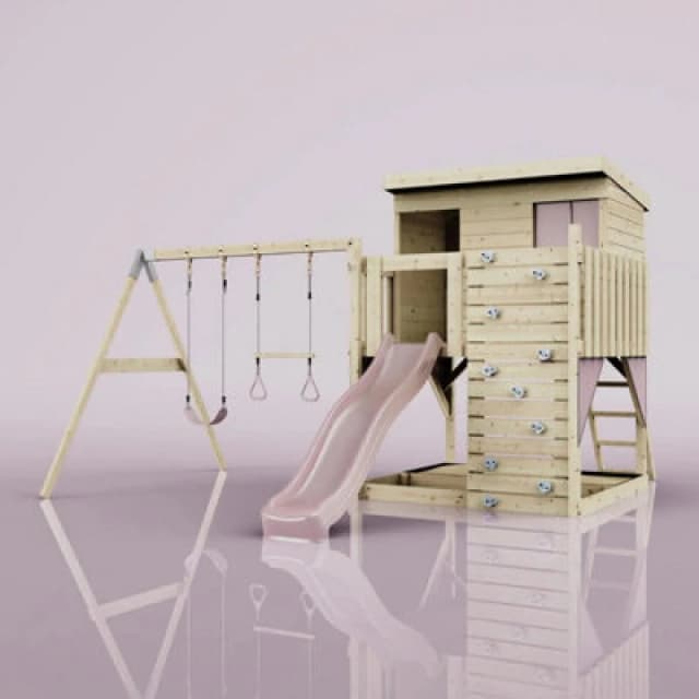 Polarplay Garden Climbing Platform And Playhouse With Double Swing For Kids - Nils With Trapeze Dusky Pink