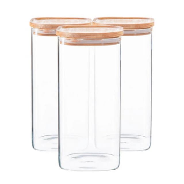 Argon Tableware Square Glass Storage Jars with Wooden Lids 1.5 Litre Pack of 3 Clear
