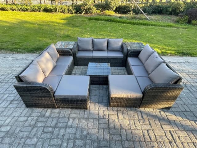 Fimous Rattan Outdoor Furniture Set Patio Garden Sofa Set with Square Coffee Table 2 Big Footstool 2 Side Tables Dark Grey Mixed Dark Grey