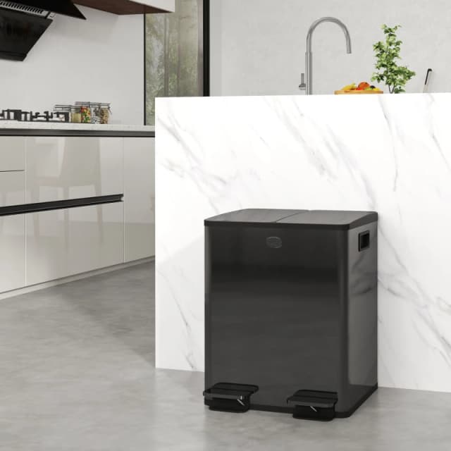 HOMCOM 2 x 20L Dual Kitchen Bin Pedal Bin for Recycling and Waste - Black TJ Hughes Silver 5056725566869