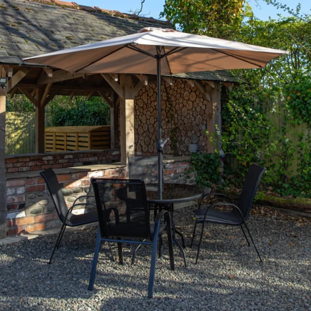 Outdoor 4 Person Round Glass Top Garden Dining Table Chairs With Beige Parasol and Base Set