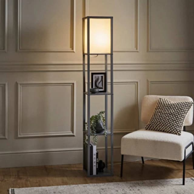 ValueLights ValueLights Struttura Wooden Shelving Floor Lamp with Fabric Shade and LED Bulb in Grey Grey One Size Unisex 5059406033926