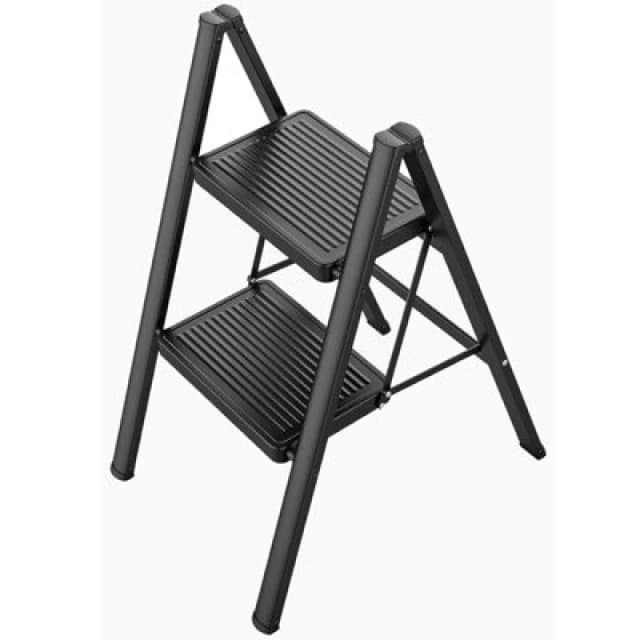 Gr8 Home Black 2 Step Ladder Folding Metal Non Slip Stool Heavy Duty Carbon Steel