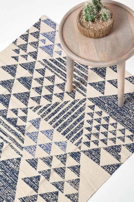 Homescapes Delphi Blue And White Geometric Style 100% Cotton Printed Rug, 160 X 230 Cm