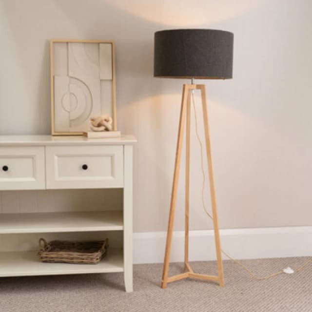 ValueLights Lottie Natural Wood Tripod Floor Lamp with Boucle Drum Shade Charcoal