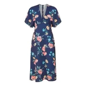 Yumi Navy Floral Kimono Midi Dress - Blue