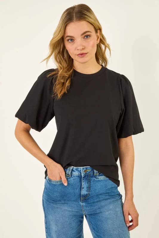 Dusk Womens Puff Sleeve Stretch T-Shirt in Black Size: 12 Black Female 12