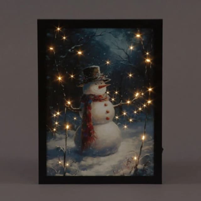 Snowtime B/o F/o 30X40Cm Framed Canvas Snowman In Hat & Scarf