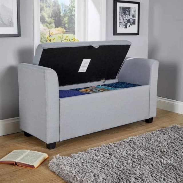 Home Source Verona Sleigh Style Window Bench Storage Seat Light Grey