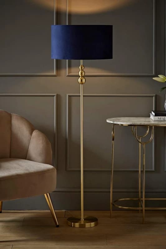 ValueLights ValueLights Marissa Velvet Drum Shade with Brushed Gold Stacked Ball Floor Lamp in Navy Navy One Size Unisex 5059406046421