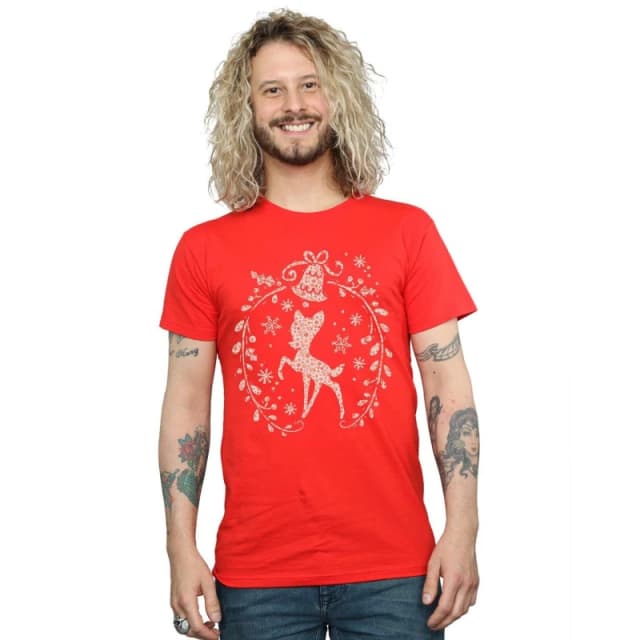 Disney Men Bambi Christmas Wreath T-Shirt in Red Size: Small Red S Male 5057245990738